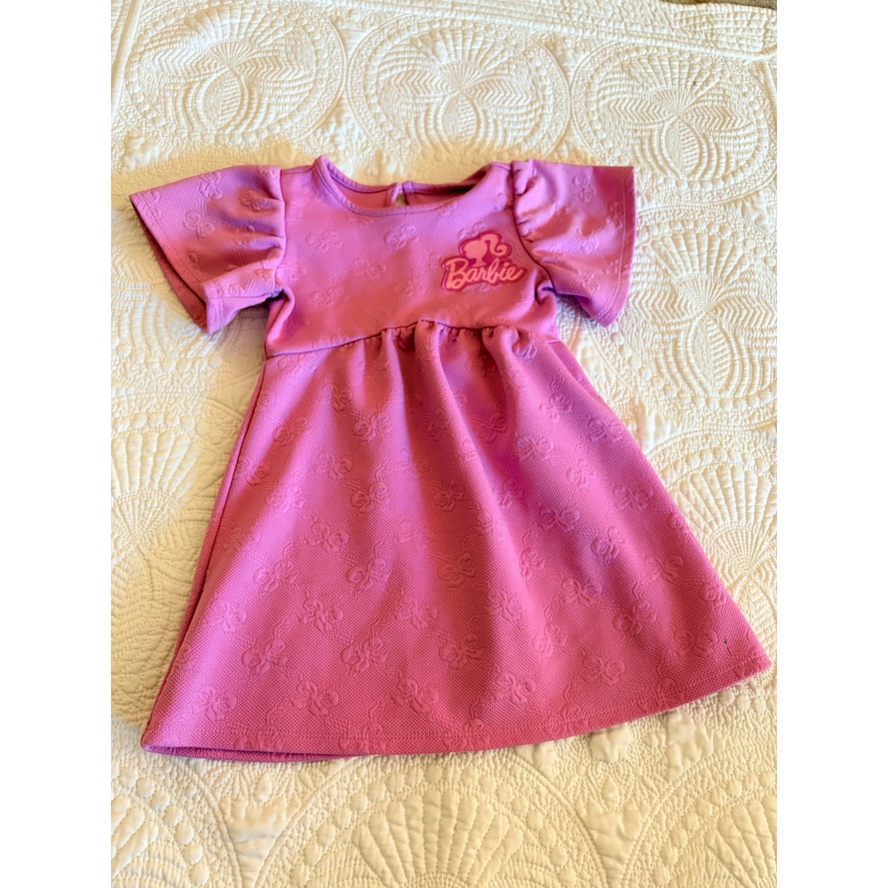 Barbie Girls Pink Embossed Bow Flutter Sleeve Dress Size 3T Logo Patch - Picture 2 of 11
